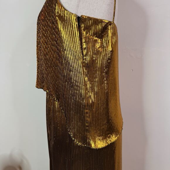 Cedric Charlier Gold Metallic Pleated Lamé Midi Dress Asymmetric Size 6 Goddess - Picture 9 of 15